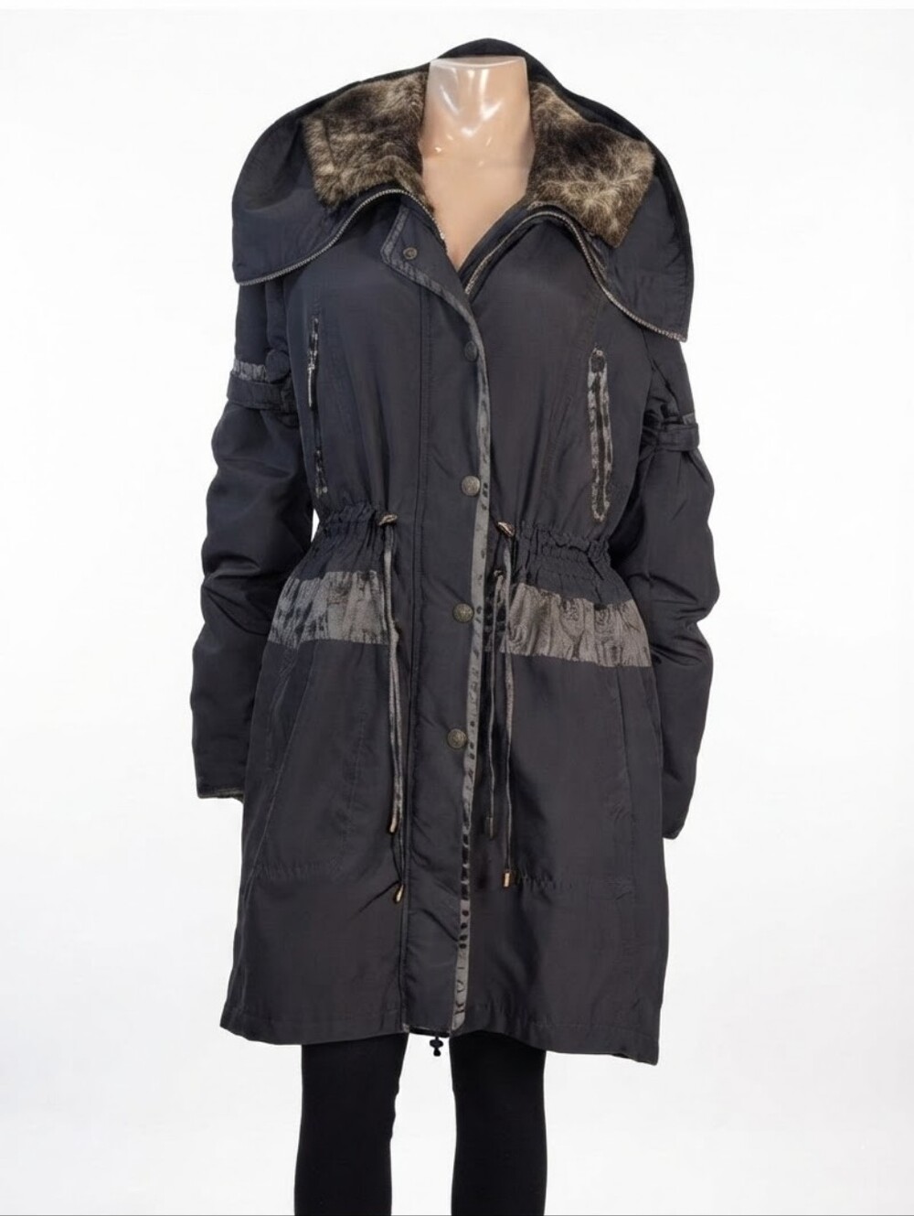 Creenstone Tegen Satin Crush Parka Hooded Faux Fur Winter Coat Black Large